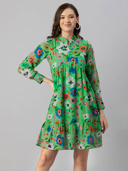 Moomaya - Green Floral Cuffed Sleeves Mandarin Collar Mini Dress Green