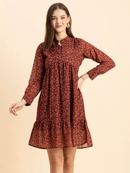 Moomaya - Brown Floral Cuffed Sleeves Mandarin Collar Mini Dress Green