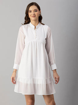 Moomaya - White Floral Cuffed Sleeves Mandarin Collar Mini Dress Green