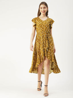 Moomaya - Yellow Floral Viscose Front Slit Ruffle Summer Wear Dress