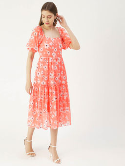 Moomaya - Orange Women Printed Square Neck Smocked Dress