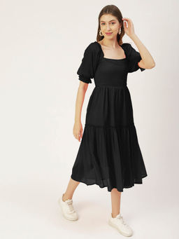 Moomaya - Black Women Solid Square Neck Smocked Dress