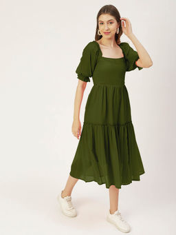 Moomaya - Olive Women Solid Square Neck Smocked Dress