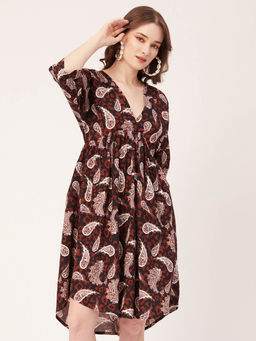 Moomaya - Brown Paisley Quarter Sleeves Mini Flared Hem Summer Dress