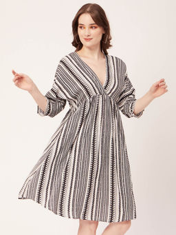 Moomaya - Black Printed Quarter Sleeves Mini Flared Hem Summer Dress