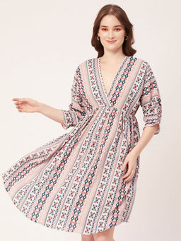 Moomaya - Brown Geometric Quarter Sleeves Mini Flared Hem Summer Dress