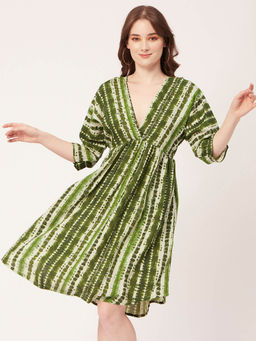 Moomaya - Green Printed Quarter Sleeves Mini Flared Hem Summer Dress