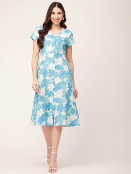 Moomaya - Blue Women Floral Button Down Dress V Neck Short Sleeve Dress