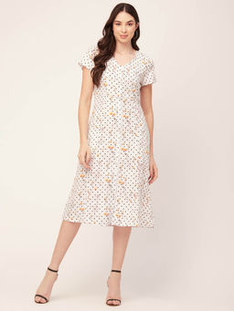 Moomaya - White Women Floral Button Down Dress V Neck Short Sleeve Dress