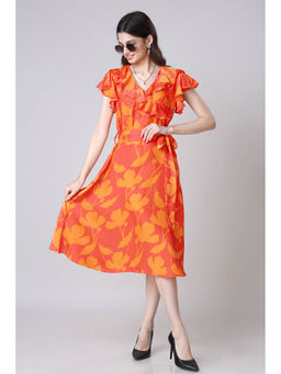 NEOFAA - Orange Floral Gathered Sleeve Belt (Set of 2)ed Dress with Belt (Set of 2)