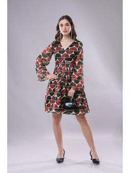 NEOFAA - Black and Brown Geometric Gold Lurex Bell Sleeve Knee Length Dress