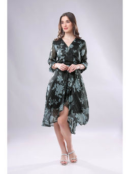 NEOFAA - Wardrobe Black Floral Golden Lurex Wrap Knee Length Dress with Belt (Set of 2)