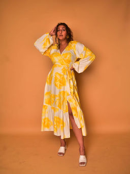 WHY SO BLUE - Viva Yellow Tie and Dye Wrap Dress