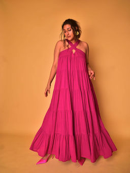 WHY SO BLUE - Pink Coco Halter Neck Maxi Dress