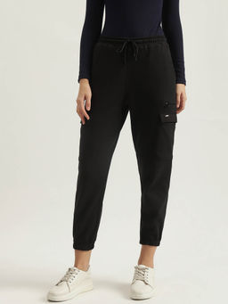 ELLE - Women Black Solid Relaxed Fit Mid-Rise Joggers