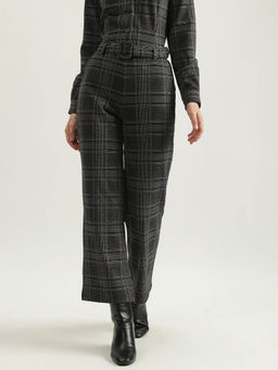 ELLE - Women Grey Checked Straight Fit High-Rise Trouser