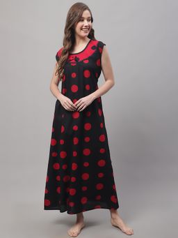 Secret Wish - Women's Black Cotton Nighty With Polka Dot Print