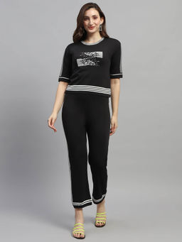 Monte Carlo - Womens Black Printed Round Neck Half Sleeve Regular Fit Co-ord (Set of 2)
