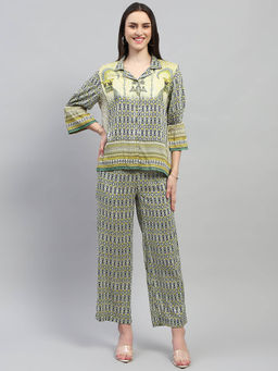 Monte Carlo - Womens Green Printed Collared Neck 3/4th Sleeve Regular Fit Co-ord (Set of 2)