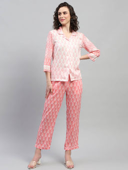 Monte Carlo - Womens White & Pink Printed Collared Neck 3/4th Sleeve Lower Set (Set of 2)