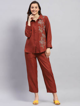 Monte Carlo - Womens Brown Floral Collared Neck Full Sleeve Regular Fit Co-ord (Set of 2)