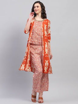 Monte Carlo - Womens Rust Printed Round Neck Half Sleeve Regular Fit Co-ord with Shrug (Set of 3)