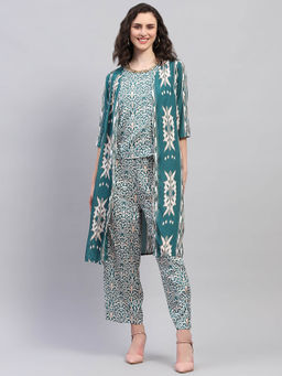 Monte Carlo - Womens Teal Printed Round Neck Half Sleeve Regular Fit Co-ord with Shrug (Set of 3)
