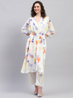 Monte Carlo - Womens Off White Printed V Neck 3/4th Sleeve Co-ord with Belt (Set of 3)