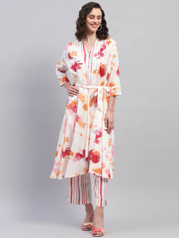 Monte Carlo - Womens Pink & Orange Printed V Neck 3/4th Sleeve Co-ord with Belt (Set of 3)