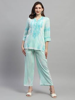 Monte Carlo - Womens Blue Embroidered Mandarin Neck 3/4th Sleeve Regular Fit Co-ord (Set of 2)