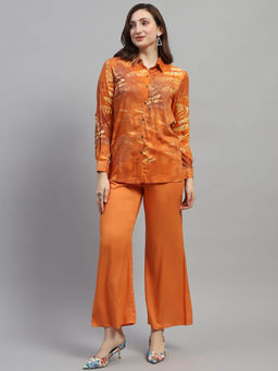 Monte Carlo - Womens Rust Printed Collared Neck Full Sleeve Regular Fit Co-ord (Set of 2)