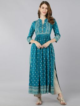 Kipek - Womens Rayon Printed A-Line Kurta Turquoise