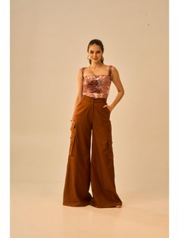 True West - Women Printed Micro Velvet Top with High Waist Cargo Style Trouser