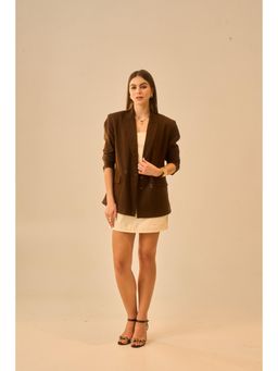 True West - Women Cream Short Mini Dress with Brown Oversized Blazer