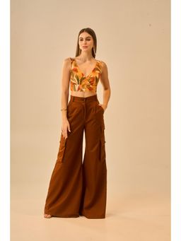 True West - Women Printed Lycra Crop Top with High Waist Cargo Style Trouser