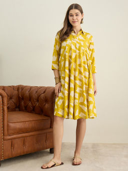 InWeave - Women's Rayon Printed Yellow Dress