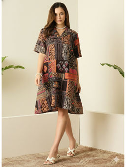 InWeave - Women's Rayon Printed Black Dress