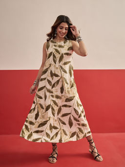 InWeave - Women Rayon Printed Beige Dress
