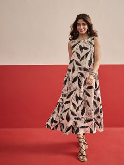 InWeave - Women's Printed Beige Dress