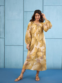 InWeave - Women's Muslin Printed Olive Dress