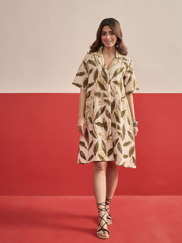 InWeave - Women Rayon Printed Beige Dress