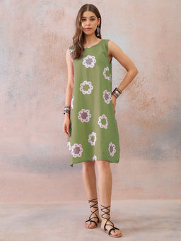 InWeave - Women's Cotton Floral Printed Green Dress