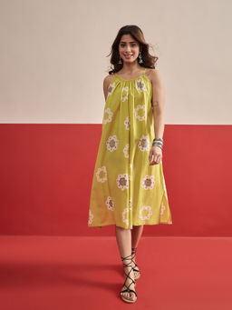 InWeave - Women's Cotton Floral Printed Yellow Dress
