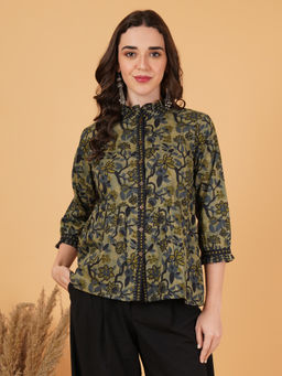 COTLAND FASHION - Olive Cotton Collar Neck Floral Shirt