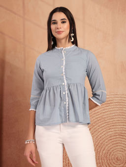 COTLAND FASHION - Blue Cotton Collar Neck Shirt