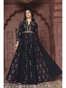 MADHURAM - Women's Silk Blend Printed Black Gown
