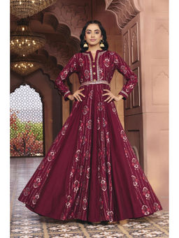 MADHURAM - Women's Silk Blend Printed Maroon Gown