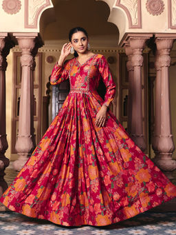 MADHURAM - Women Silk Printed Pink Gown