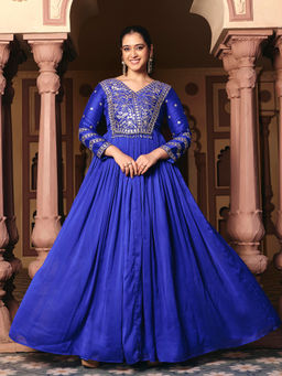 MADHURAM - Women's Poly Silk Embroidered Blue Gown