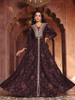 MADHURAM - Women's Silk Embroidered Brown Gown